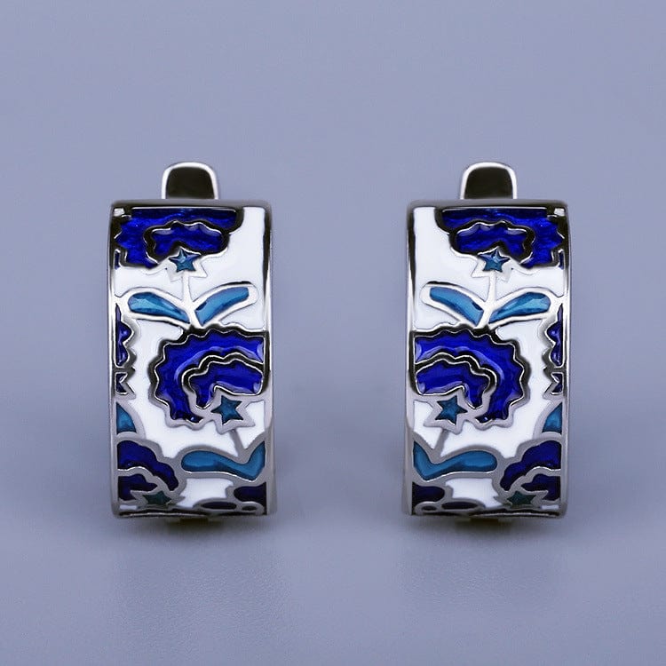 WHITE 925 Silver Classic Creative Handmade Blue Enamel Earrings For Ladies Flower Shape Earrings Fashion Party Jewelry Women Earrings