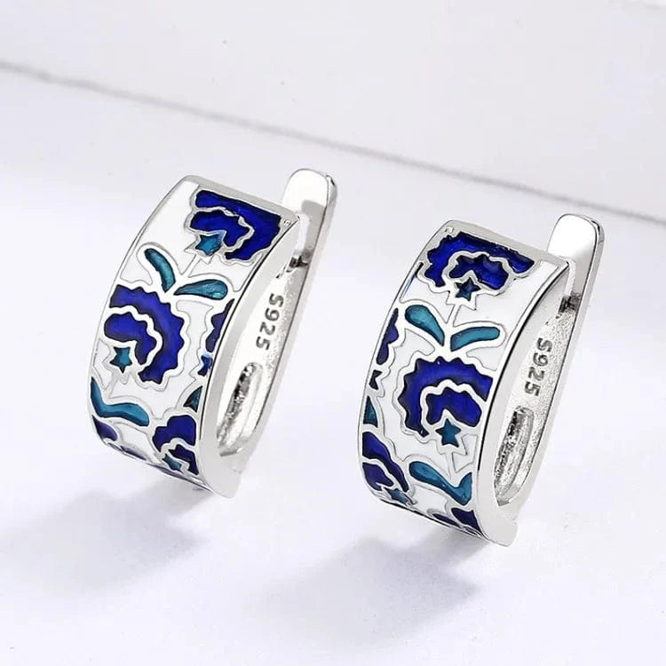 WHITE 925 Silver Classic Creative Handmade Blue Enamel Earrings For Ladies Flower Shape Earrings Fashion Party Jewelry Women Earrings