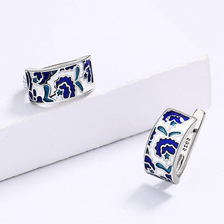 WHITE 925 Silver Classic Creative Handmade Blue Enamel Earrings For Ladies Flower Shape Earrings Fashion Party Jewelry Women Earrings