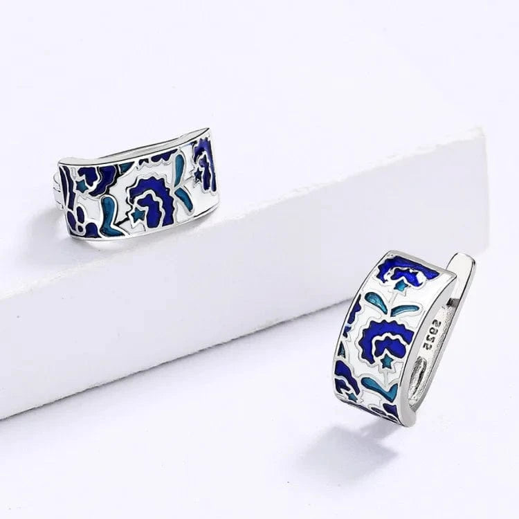 WHITE 925 Silver Classic Creative Handmade Blue Enamel Earrings For Ladies Flower Shape Earrings Fashion Party Jewelry Women Earrings