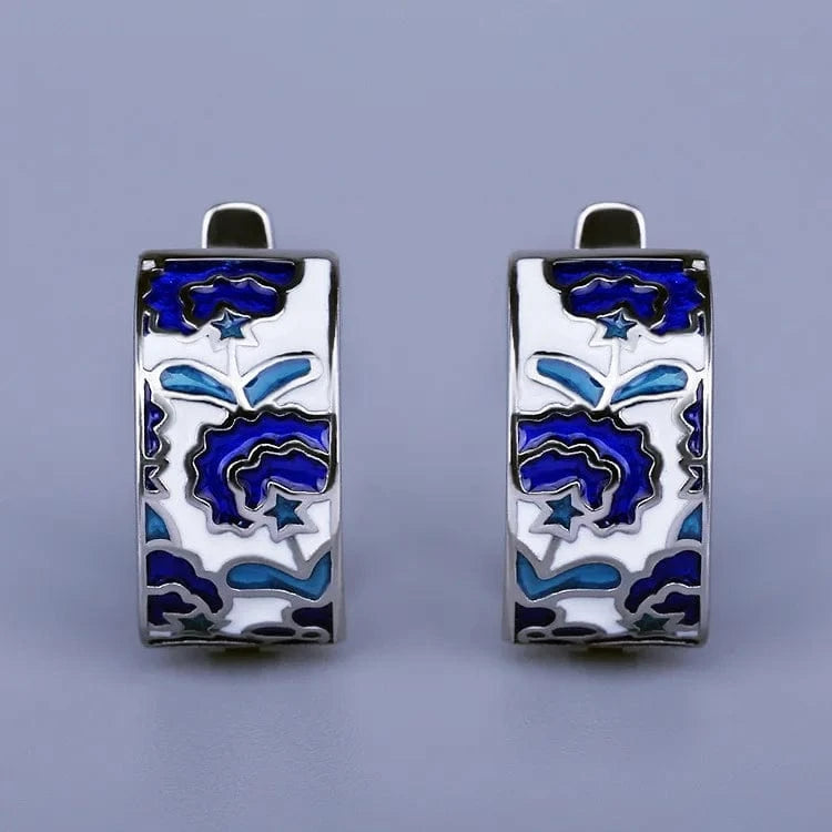 WHITE 925 Silver Classic Creative Handmade Blue Enamel Earrings For Ladies Flower Shape Earrings Fashion Party Jewelry Women Earrings
