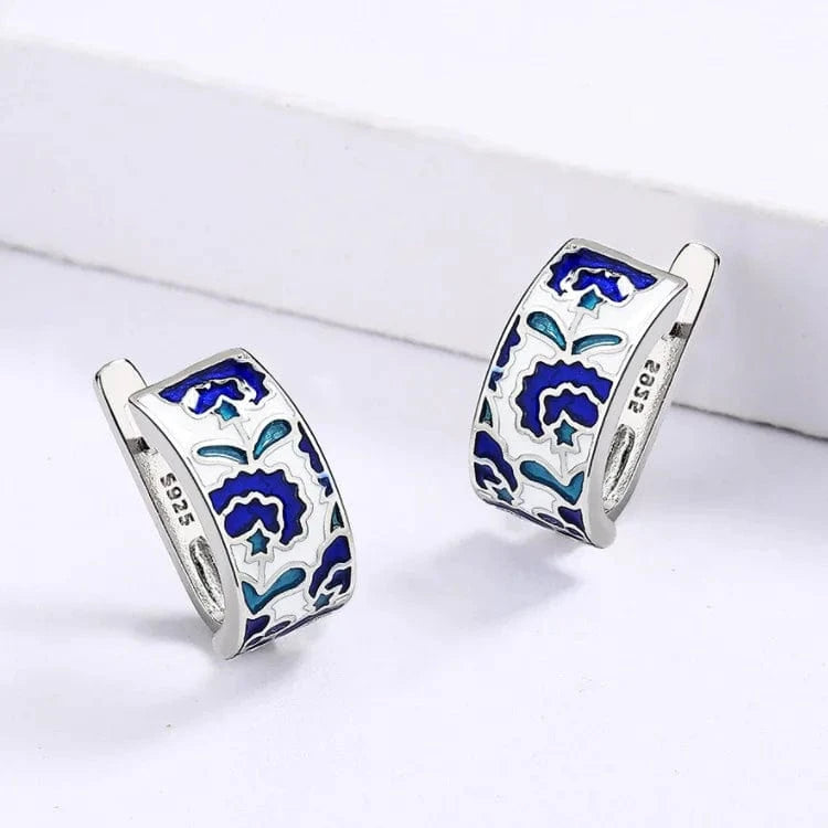 WHITE 925 Silver Classic Creative Handmade Blue Enamel Earrings For Ladies Flower Shape Earrings Fashion Party Jewelry Women Earrings