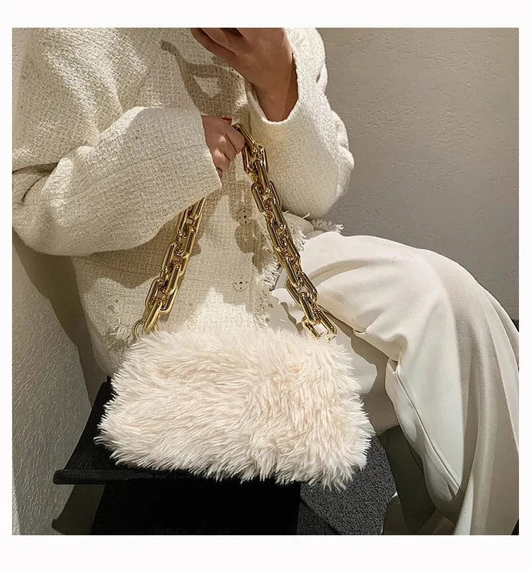 White ARUBBIT Brand Thick Golden Chain Designer Black Women Shoulder Fur Bag