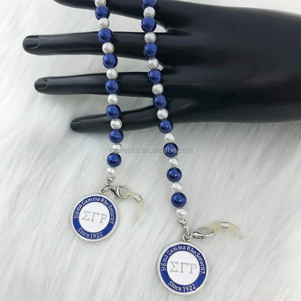 White Blue Handmade Greek White Blue Pearl Sorority Rotundity Charms Long Style Eyeglasses Chain Cord Holder Gift