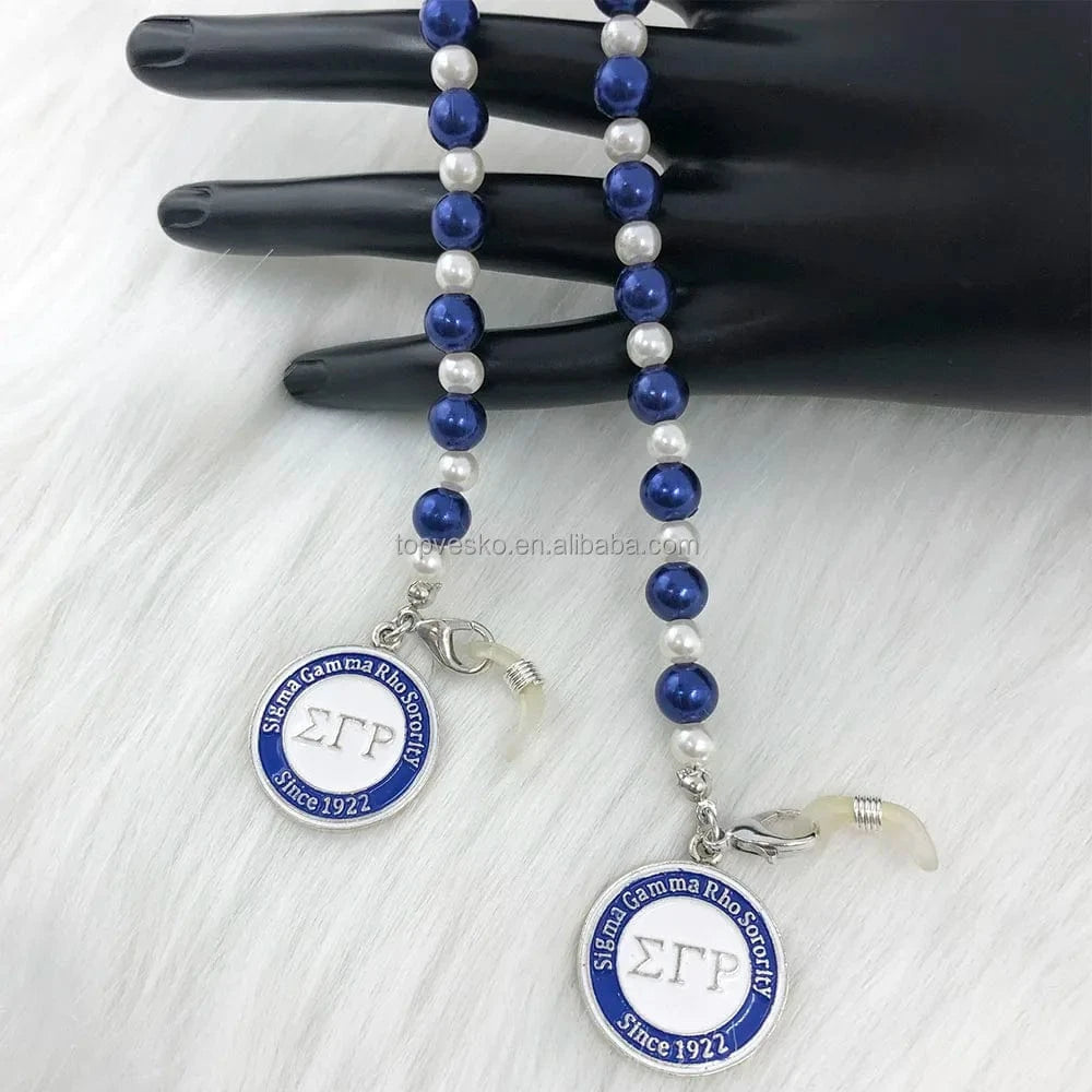 White Blue Handmade Greek White Blue Pearl Sorority Rotundity Charms Long Style Eyeglasses Chain Cord Holder Gift