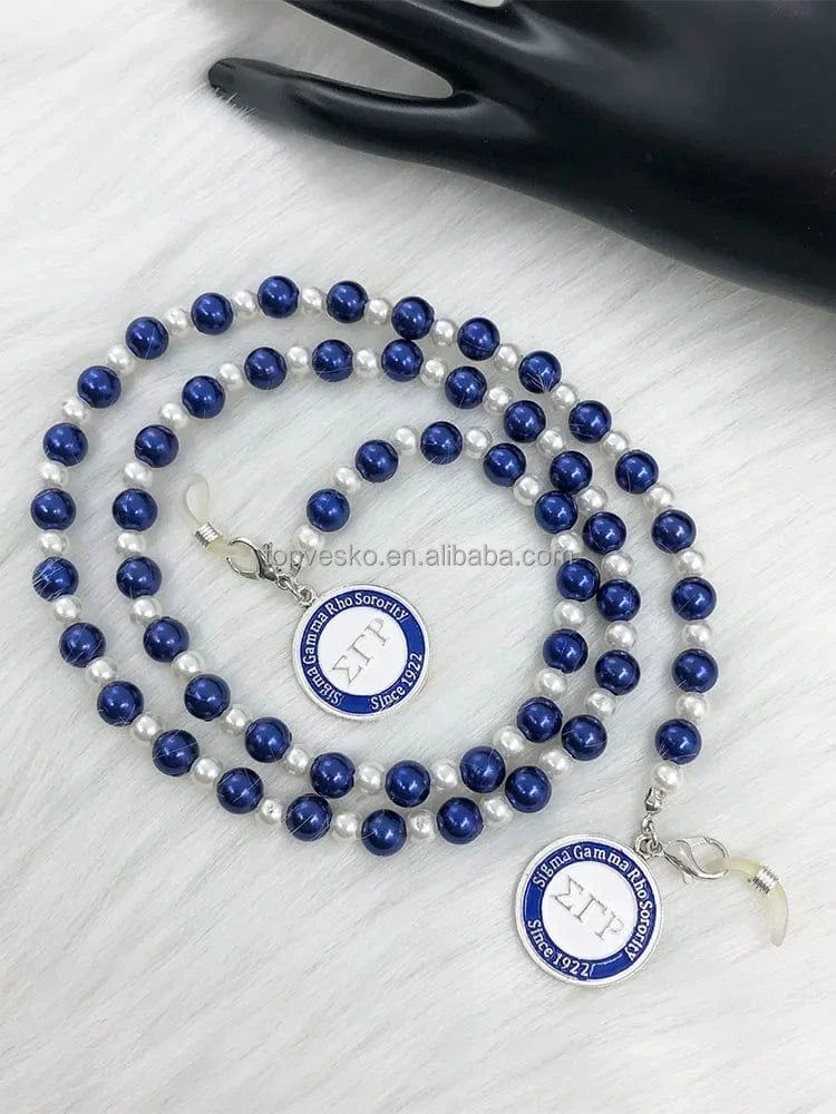 White Blue Handmade Greek White Blue Pearl Sorority Rotundity Charms Long Style Eyeglasses Chain Cord Holder Gift