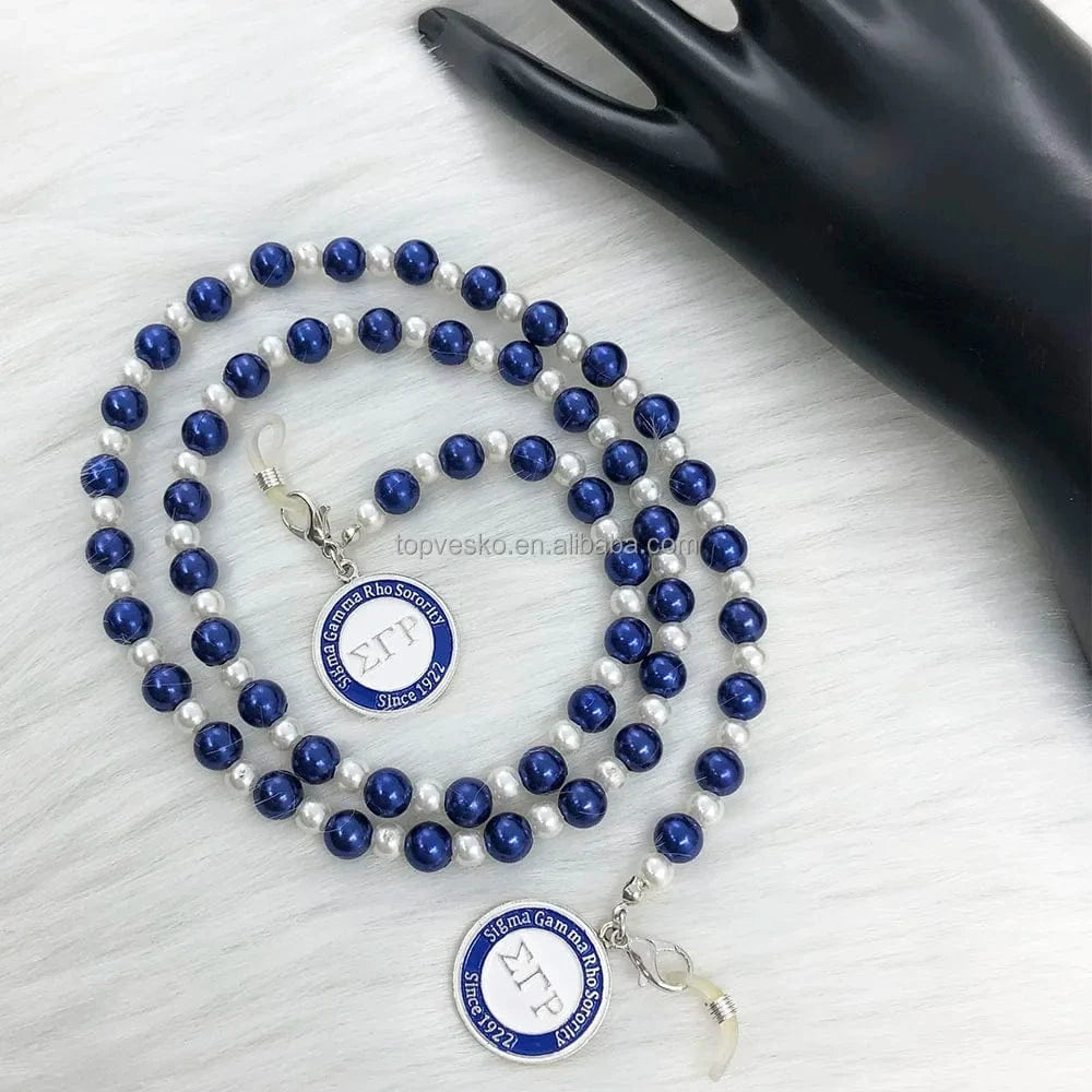 White Blue Handmade Greek White Blue Pearl Sorority Rotundity Charms Long Style Eyeglasses Chain Cord Holder Gift