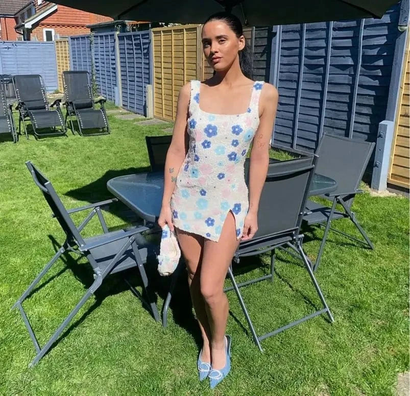 white-blue / M Colorful Rhombus Sequins Sexy Mini Dress Elegant Chic Straps Slit Bodycon Party Dresses Summer Holidays Evening Women Dress 2025