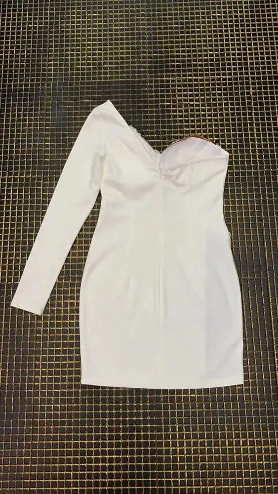 White Colour Luxury Embroidery Women Beading Cut Out Rayon Bandage Dress One Shoulder Evening Dress