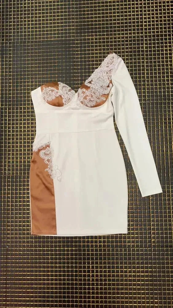 White Colour Luxury Embroidery Women Beading Cut Out Rayon Bandage Dress One Shoulder Evening Dress