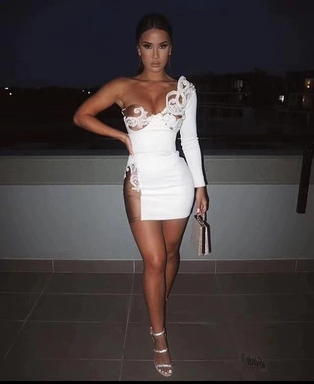 White Colour Luxury Embroidery Women Beading Cut Out Rayon Bandage Dress One Shoulder Evening Dress