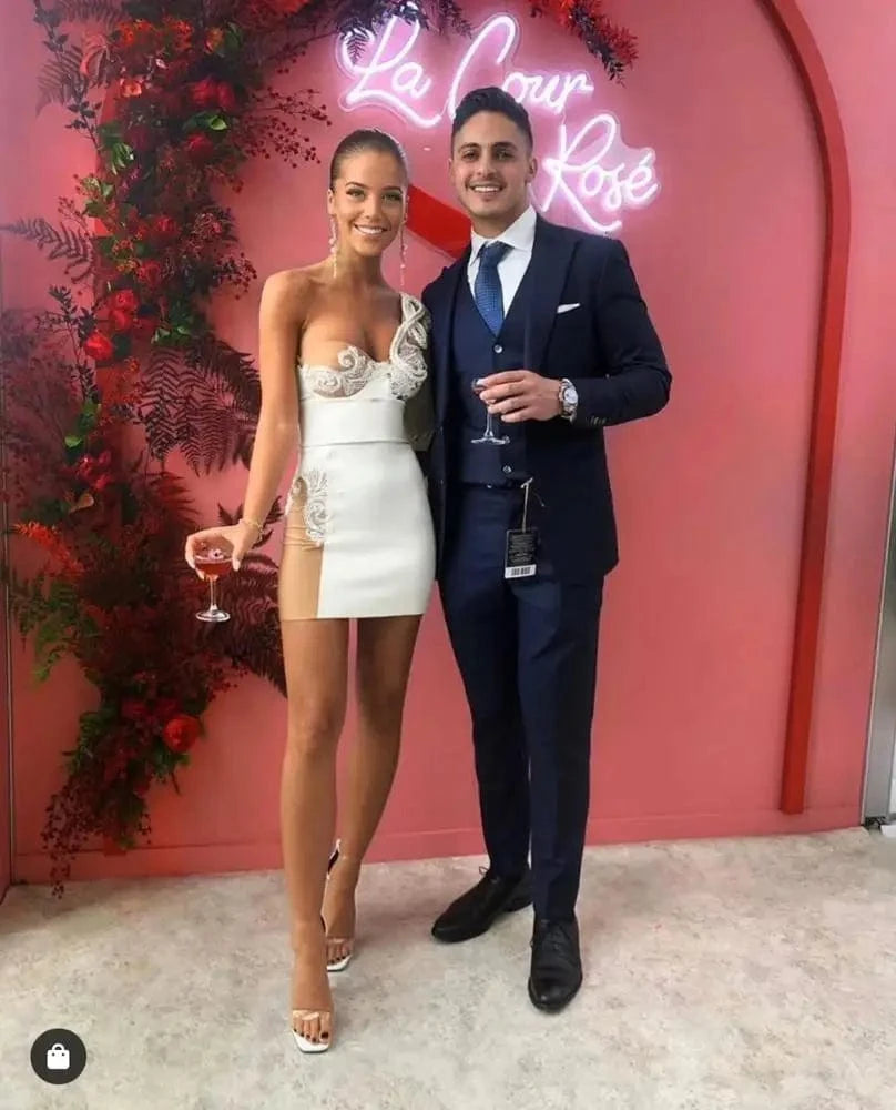 White Colour Luxury Embroidery Women Beading Cut Out Rayon Bandage Dress One Shoulder Evening Dress