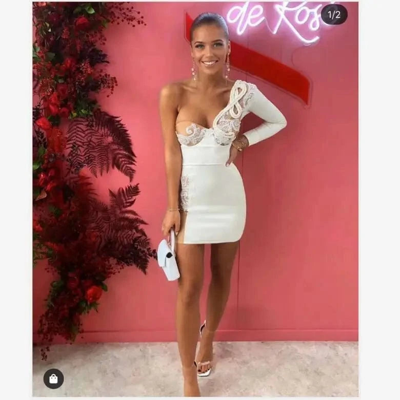 White Colour Luxury Embroidery Women Beading Cut Out Rayon Bandage Dress One Shoulder Evening Dress