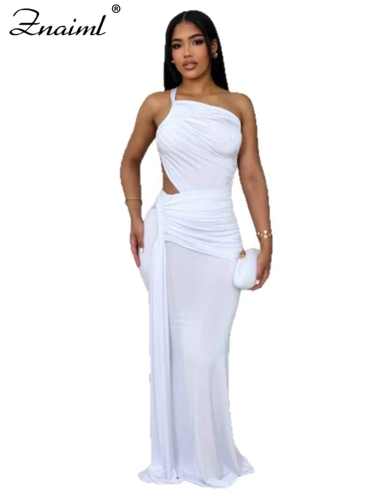 white dress / L Znaiml Women Hollow Out One Shoulder Sleeveless Bodycon Birthday Long Dress Green Irregular Ruched Sexy Evening Gown Vestidos