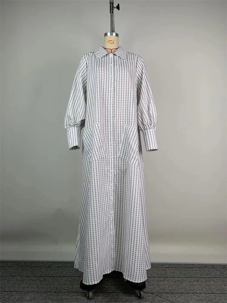 White Dress Women 2024 Summer Autumn Long Sleeves Buttoned Split-Side Striped Lapel Casual Women's Long Maxi Dresses