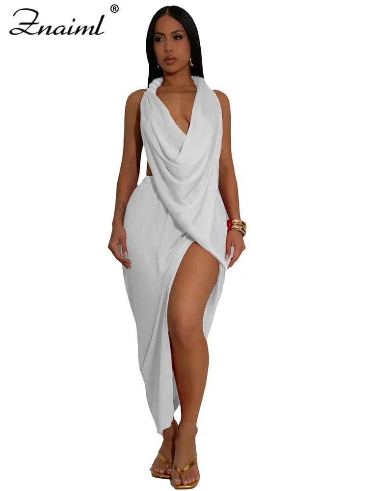 white dress / XXL Znaiml Sexy Sleeveless Backless Halter Side Split Deep V-Neck Bodycon Dress Elegant Women Birthday Midnight Party Club Vestidos