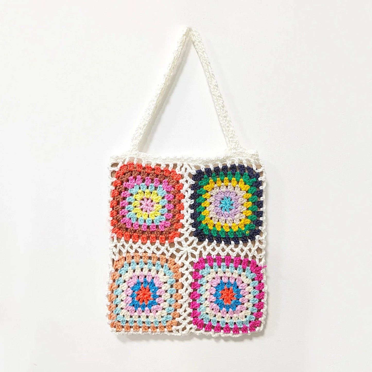 White Factory Granny Granny Square Handmade Crochet Single Shoulder Tote Handbag