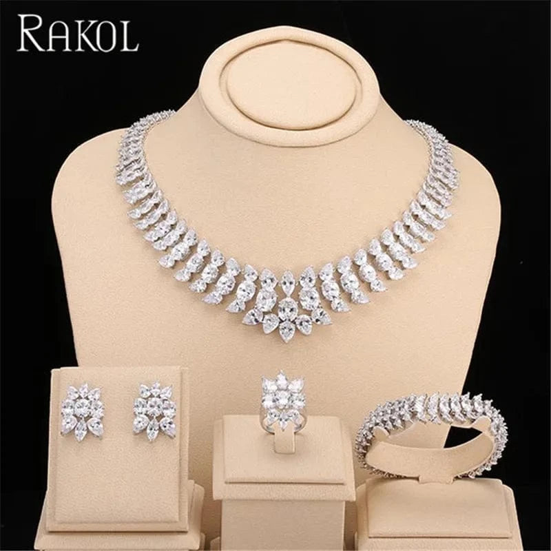 White gold RAKOL SP220 Party Wedding Big Full Diamond CZ Crystal Stone Four Piece Jewelry Set
