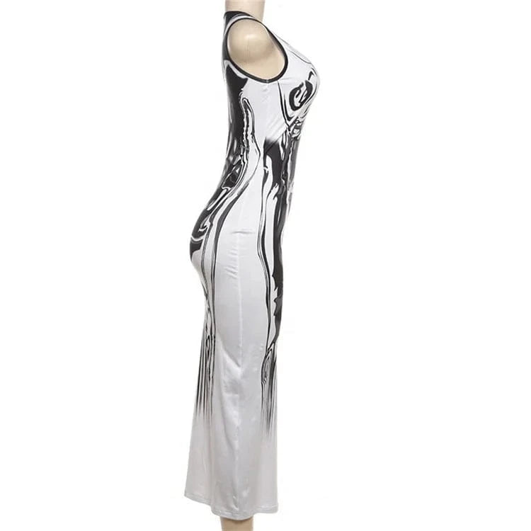White Graphic Print Long Dress Club Outfit For Women 2024 O Neck Sleeveless Bodycon Maxi Dress