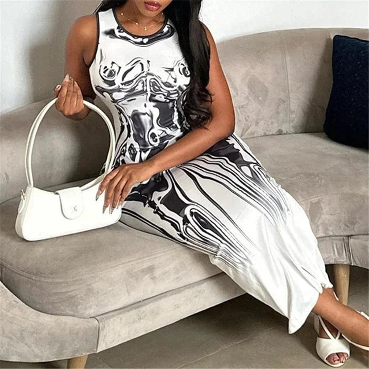 White Graphic Print Long Dress Club Outfit For Women 2024 O Neck Sleeveless Bodycon Maxi Dress