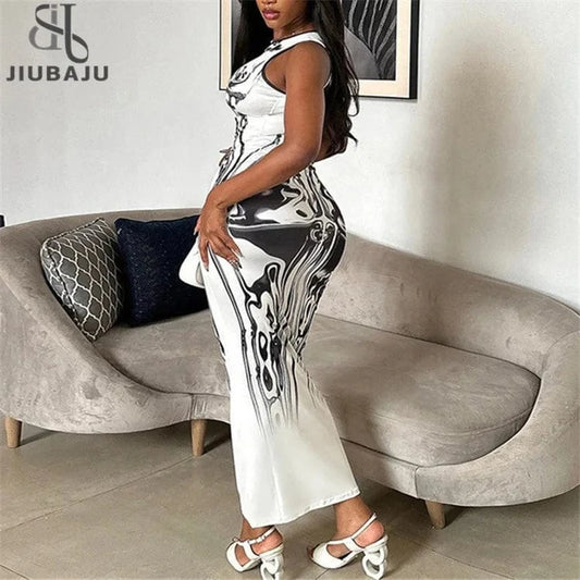 White Graphic Print Long Dress Club Outfit For Women 2024 O Neck Sleeveless Bodycon Maxi Dress