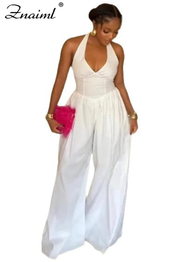 white jumpsuits / L Znaiml Elegant Evening Gowns Biarthday Party One Pieces Wide Leg Pants Outfit for Women White Halter Backless Jumpsuit Rompers