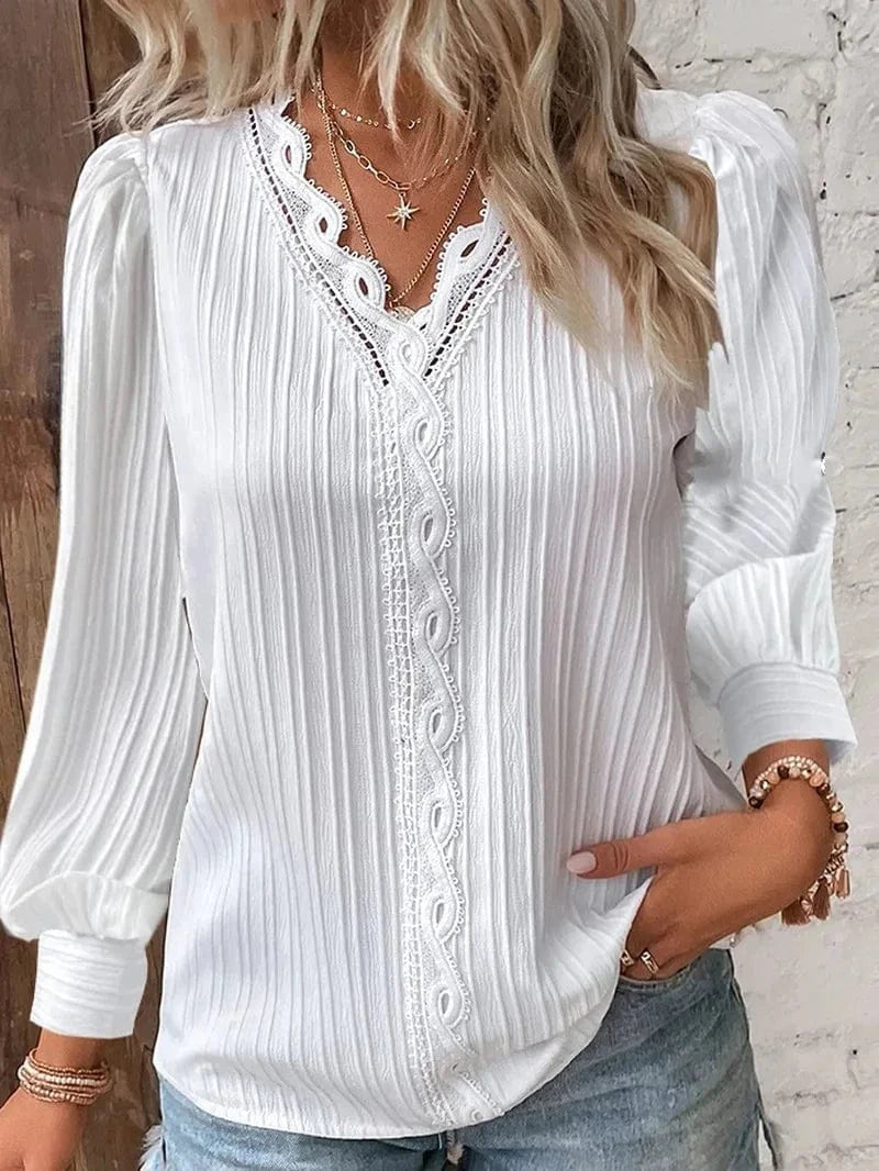 WHITE / L Elegant Summer Hollow Lace Patchwork Women Shirt Chic Blouse V Neck Long Sleeve Shirt Plain Lace Casual Basic Regular Tops