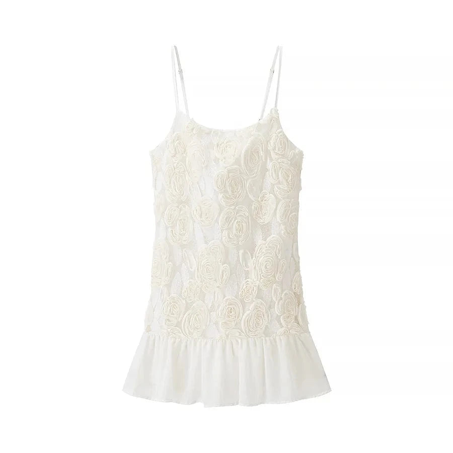 WHITE / L European style new women's fashion all-match atmosphere three-dimensional flower splicing suspender dress