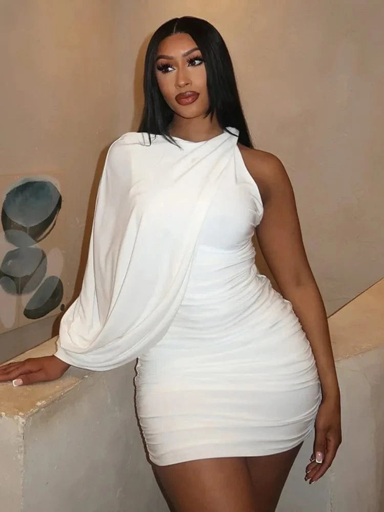 White / L Joskaa Elegant Pleated O-Neck Asymmetric Single Sleeve Body-Shaping Mini Dresses for Women 2025 Summer Holiday Party Clubwear