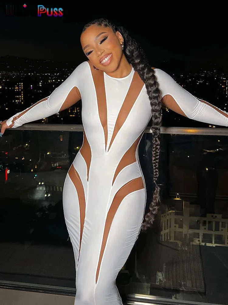 WHITE / L Weird Puss Mesh Patchwork Women Dress 2023 New Autumn Elegant Long Sleeve O-Neck Maxi Bodycon Skinny Stretch Clubwear Vestidos