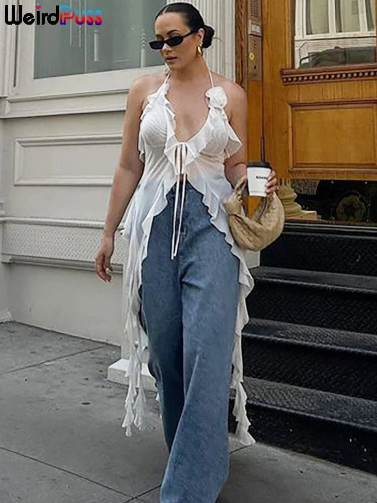 WHITE / L Weird Puss Ruffles Flowers Tank Tops Women Mesh Summer Sexy Deep V-Neck Irregular Tassel Halter Backless Camisole Wild Street