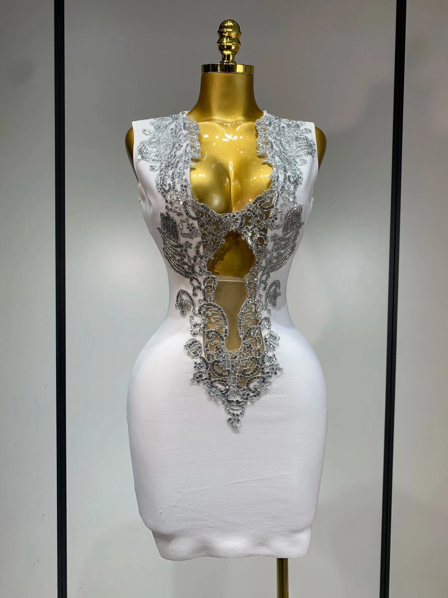 WHITE / L Women 2025 Sexy V Neck Cut Out Short Bandage Dress Silver Sequin White Elegant Luxury Birthday Party Club Wedding Vestidos