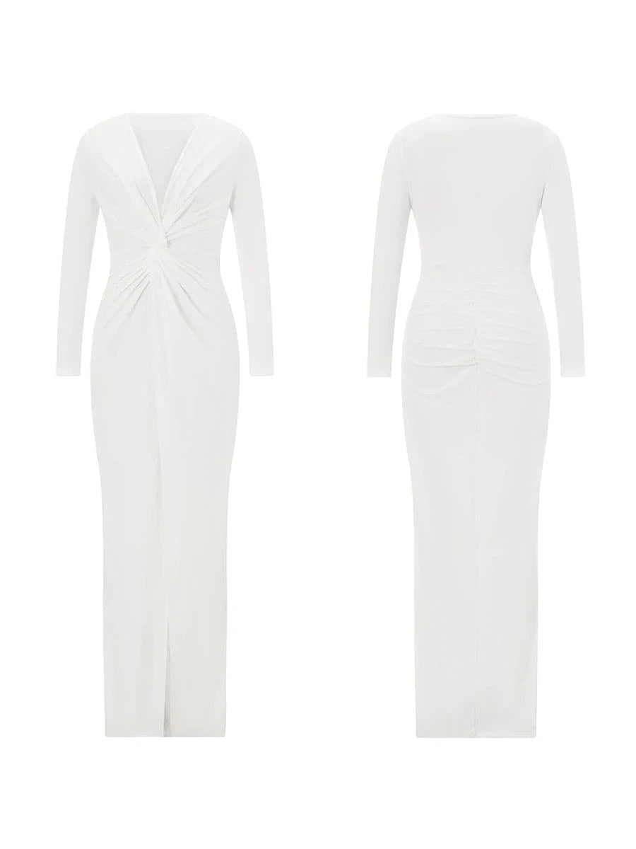 WHITE / L Women's Twist Front Party Dress Elegant Long Sleeve Deep V Neck Bodycon Long Dresses Female Solid Color Formal Evening Gown