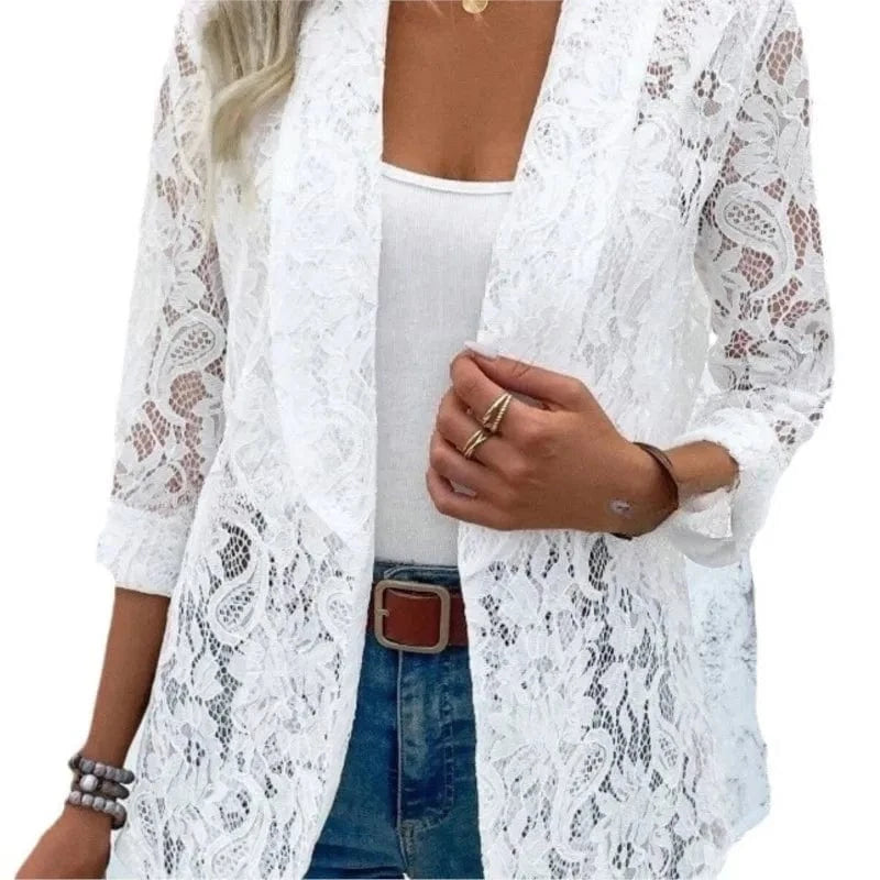 White Lace Hollow Out Women's Suit Coat Solid Open Stitch Blazers Outdoor Formal Business Jackets Lightweight Office Ladies Coat