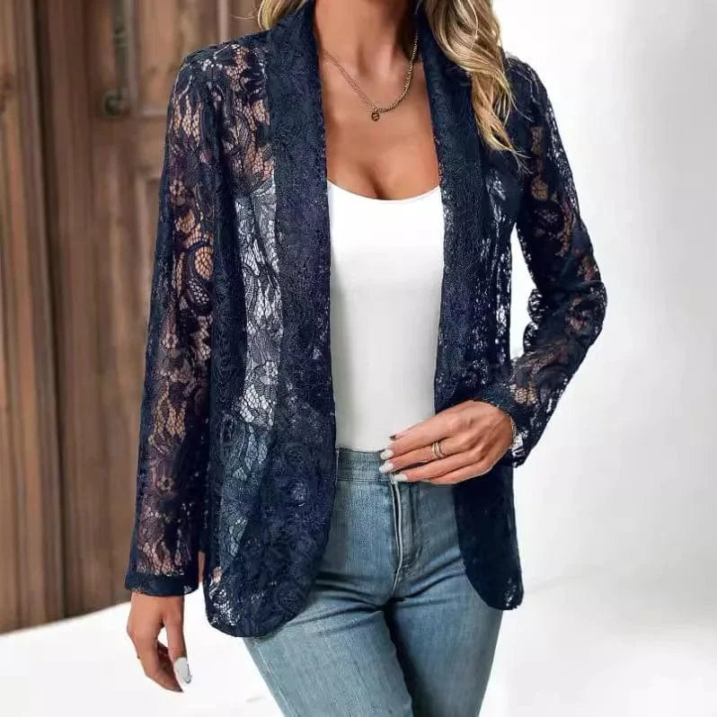 White Lace Hollow Out Women's Suit Coat Solid Open Stitch Blazers Outdoor Formal Business Jackets Lightweight Office Ladies Coat