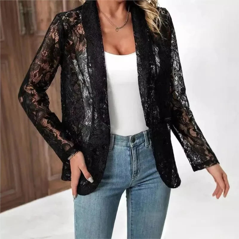 White Lace Hollow Out Women's Suit Coat Solid Open Stitch Blazers Outdoor Formal Business Jackets Lightweight Office Ladies Coat