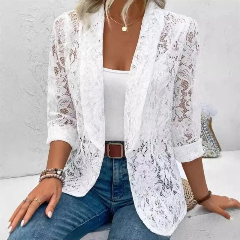 White Lace Hollow Out Women's Suit Coat Solid Open Stitch Blazers Outdoor Formal Business Jackets Lightweight Office Ladies Coat