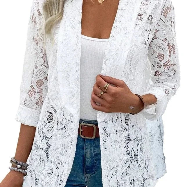 White Lace Hollow Out Women's Suit Coat Solid Open Stitch Blazers Outdoor Formal Business Jackets Lightweight Office Ladies Coat