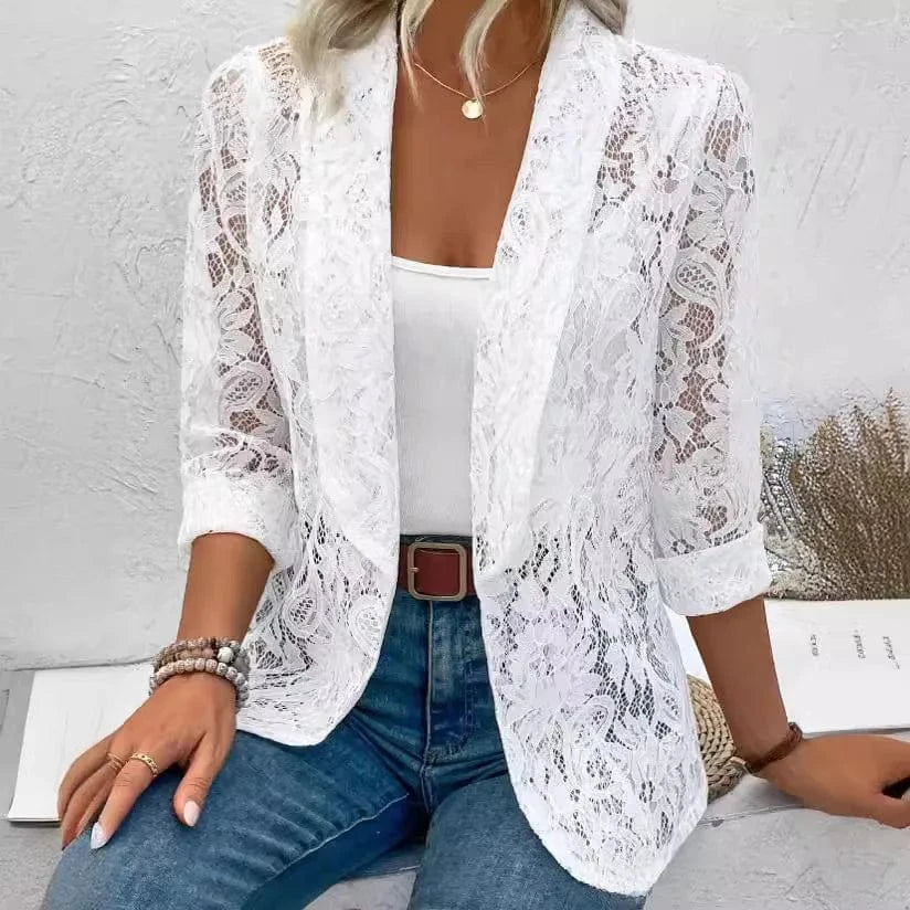 White Lace Hollow Out Women's Suit Coat Solid Open Stitch Blazers Outdoor Formal Business Jackets Lightweight Office Ladies Coat
