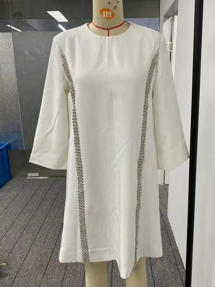 WHITE / M Elegant White Dresses Pretty Dress Spring Autumn Fashion Long Sleeves Loose Sequined Solid Color Luxury Round-neck Mini Dresses