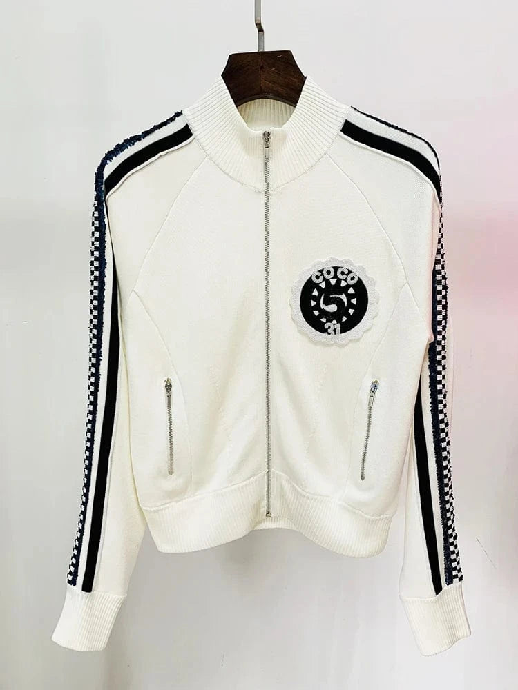WHITE / M HIGH STREET Newest Fashion 2025 Spring Designer Jacket Women's Stand Collar Sequin Embroidered Baseball Jacket