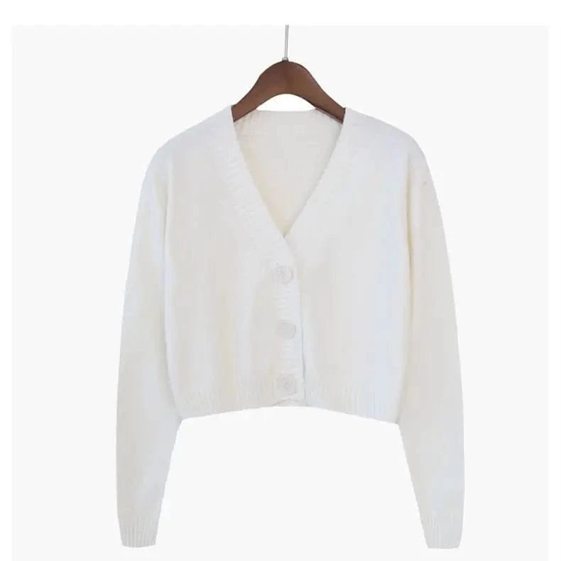 WHITE / M Knitted Cropped Cardigan Women Korean Short Sweater Long sleeve Crop Top V neck Fashion Y2k Clothes Green Blue