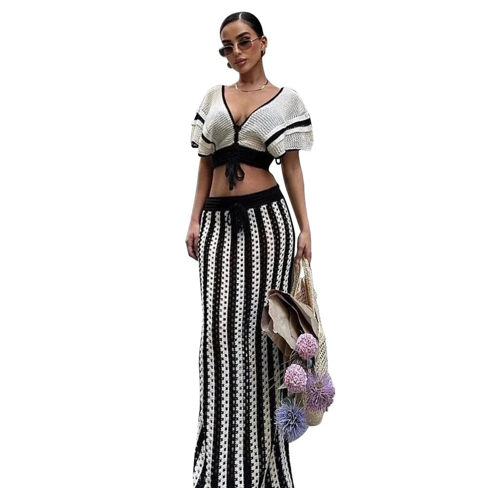 White / M Summer 2 Pieces Women Vacation Outfits Striped Knitted Dress Sets Hollow Out Long Skirts and Short Sleeve V-Neck Crop Tops Set