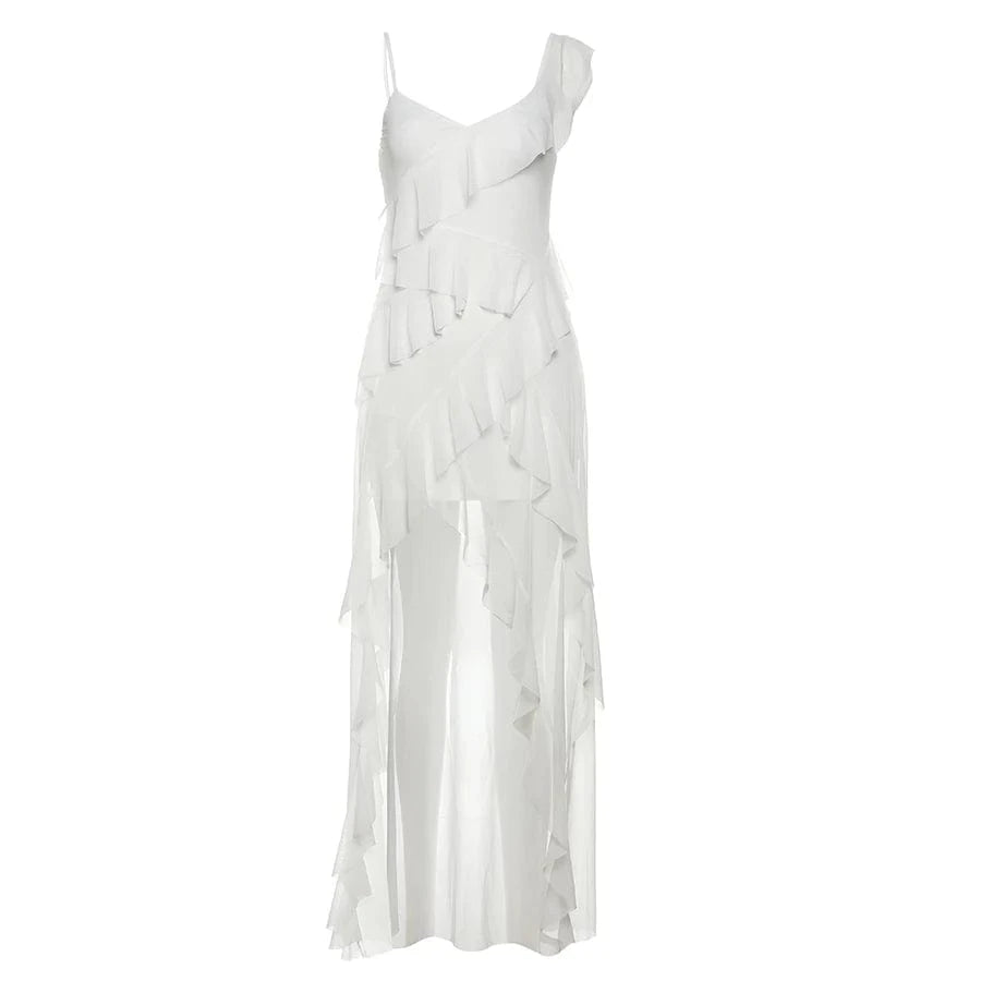 WHITE / M Sylcue White Sweet Gentle Mature Sexy Beautiful Summer Street Out Women'S Thin Perspective Tassel Design Long Sling Dress