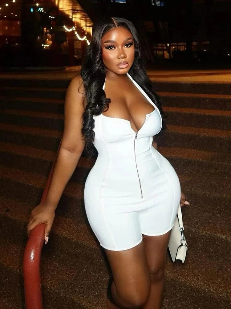 WHITE / M Weird Puss Zip Halter Romper Women  2025 Summer Stretch Fitness Sporty Hipster Backless Sleeveless Playsuit Casual Trend Outfits
