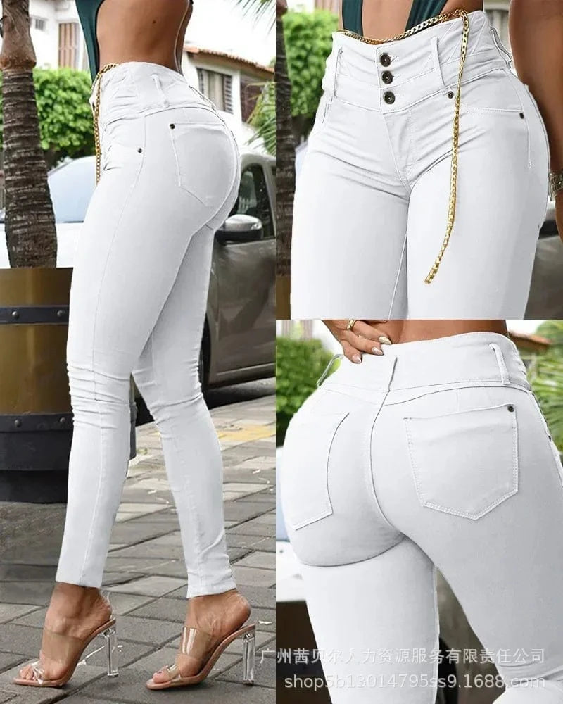 White / M Women Solid Color Long Slim Khaki High Waist Tight Pants Ankle Length Pants Trousers