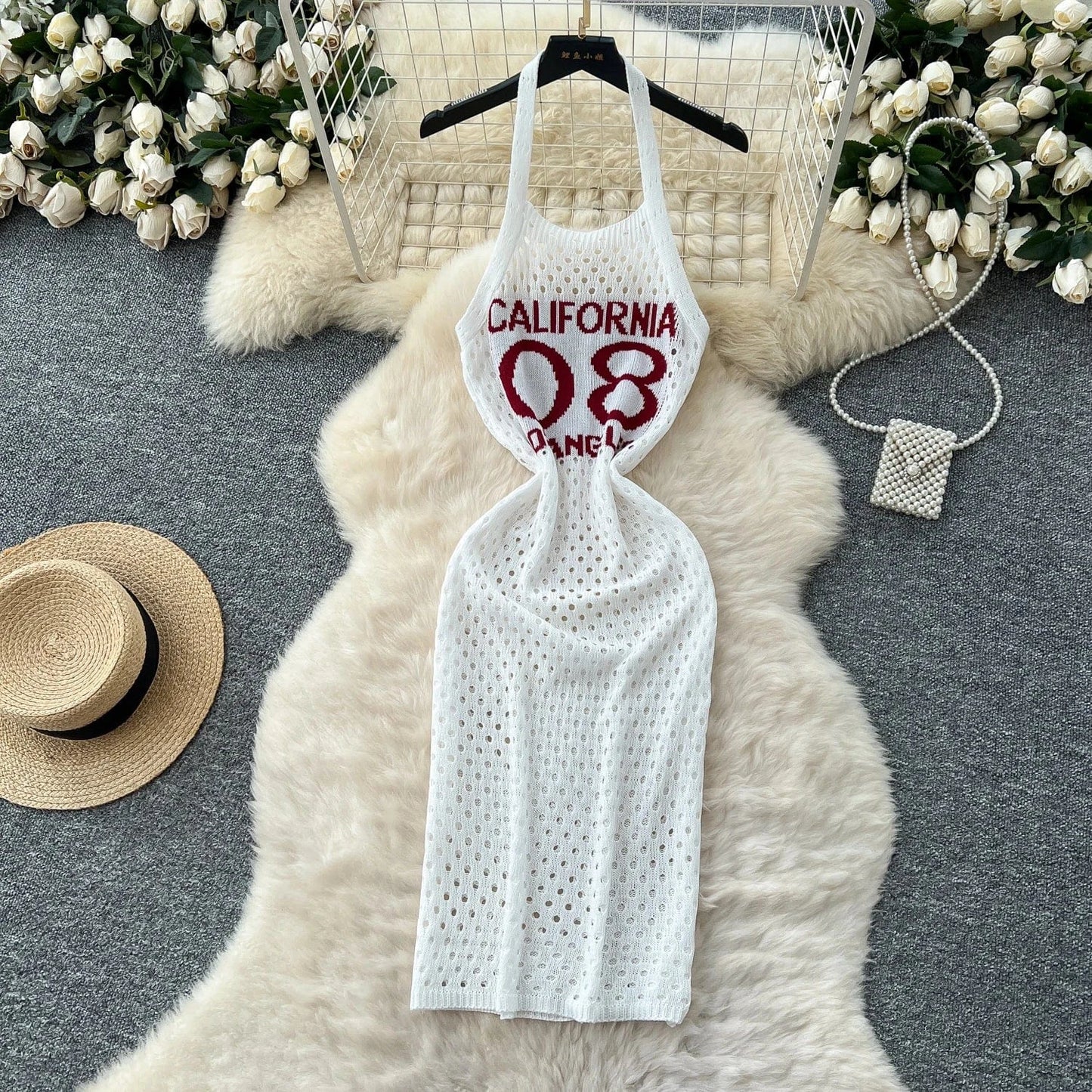 WHITE / One Size YuooMuoo Women Dress 2025 Summer Ins Hot Letter Print Halter Knitted Beach Dress Chic Fashion Sexy Wrap Hip Streetwear Vestidos