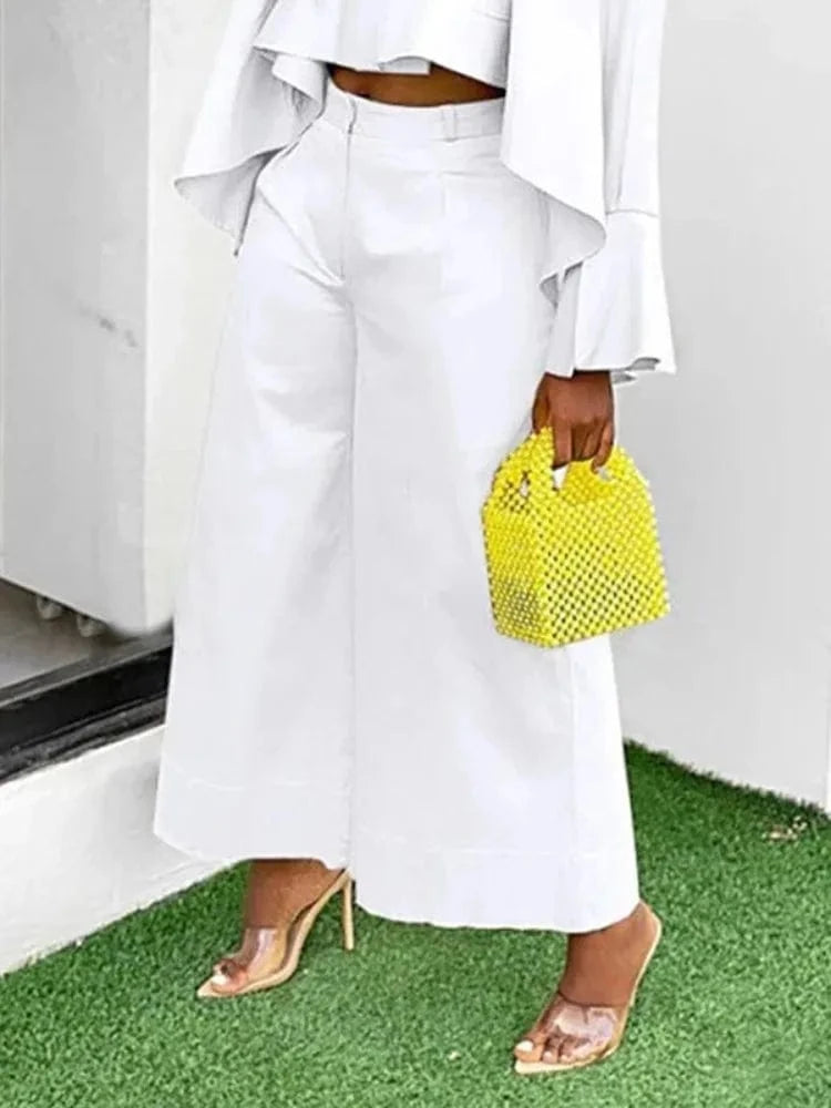 White Pants / L Beautyblue Women's Wide Leg Pants Female Leisure Trousers Fashion Loose Pocket Solid Color Elastic Waist Elegant Office Pants