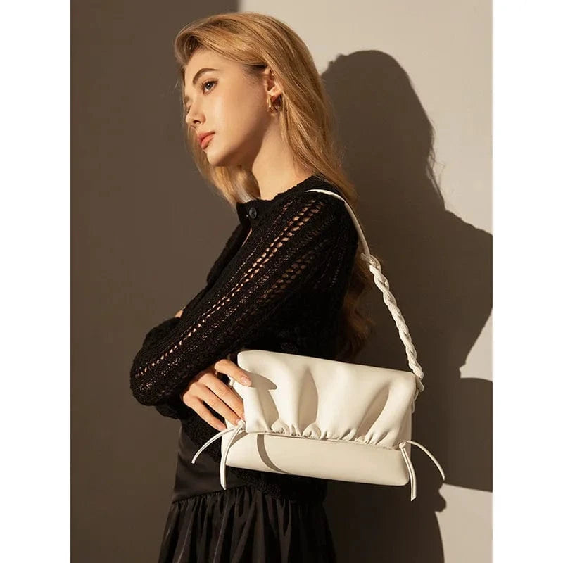 White Portable Cowhide Leather Underarm Bag Fashion Drawstring Crossbody Bag Luxury Design Genuine Leather Shoulder Bags for Women