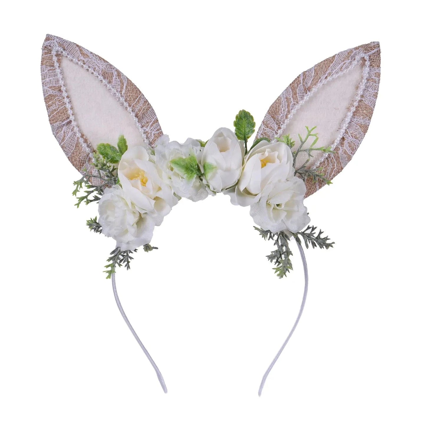 White QIUHAN Spring Woodland Flower Fairy Rabbit Hairband Easter Floral Bunny Ears Headband